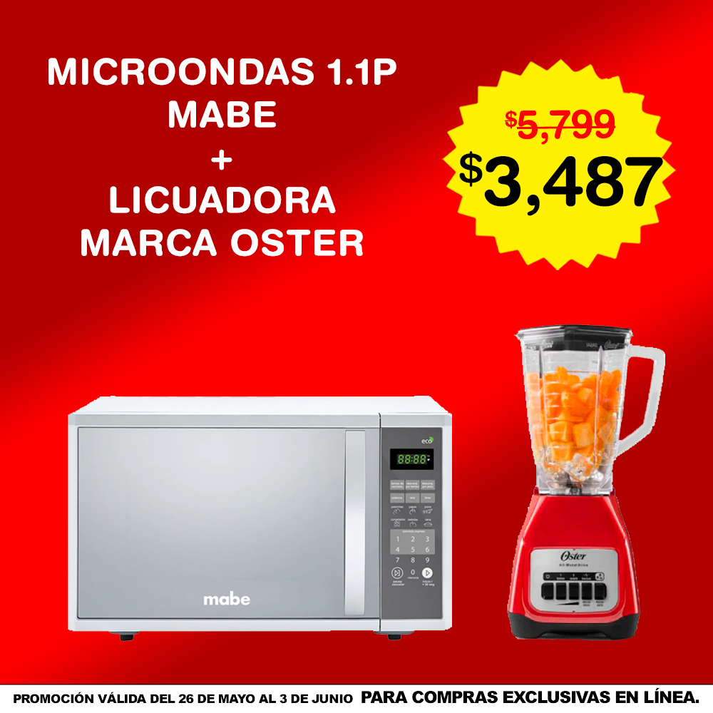 Combo Licuadora Oster Kaliman (Soho Lite) 2Vel V/Plástico Roja + Microondas 1.1 Cuft Espejo Mabe