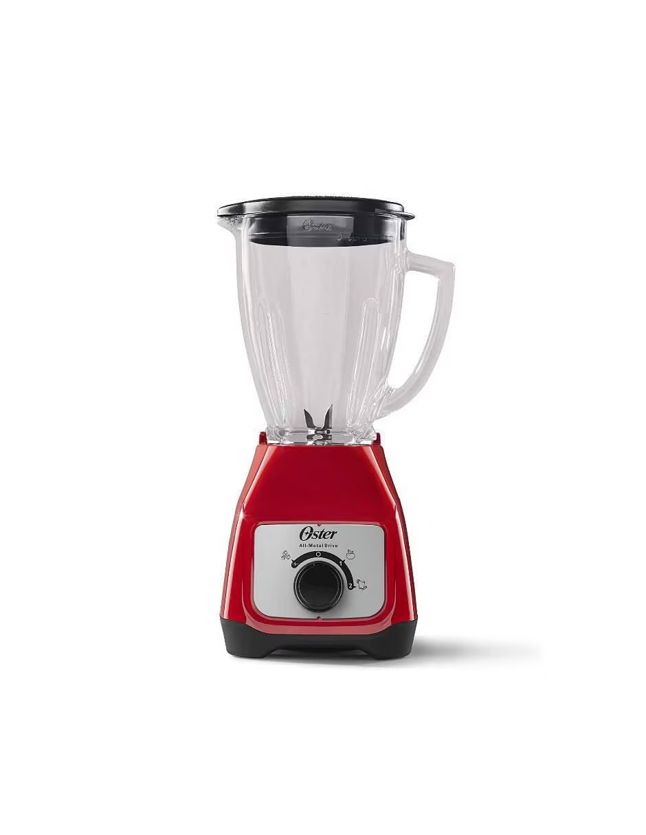 Licuadora Oster con vaso de vidrio y control de perilla roja
