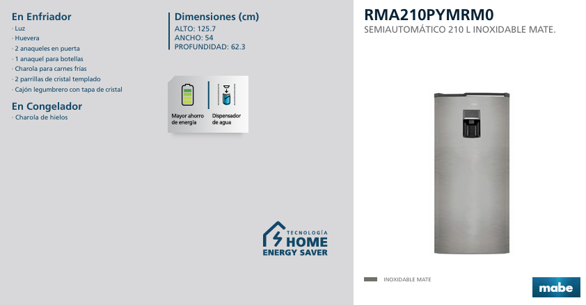 Refrigerador Mabe 8 Pies 210 L Inoxidable Mate Dispensador