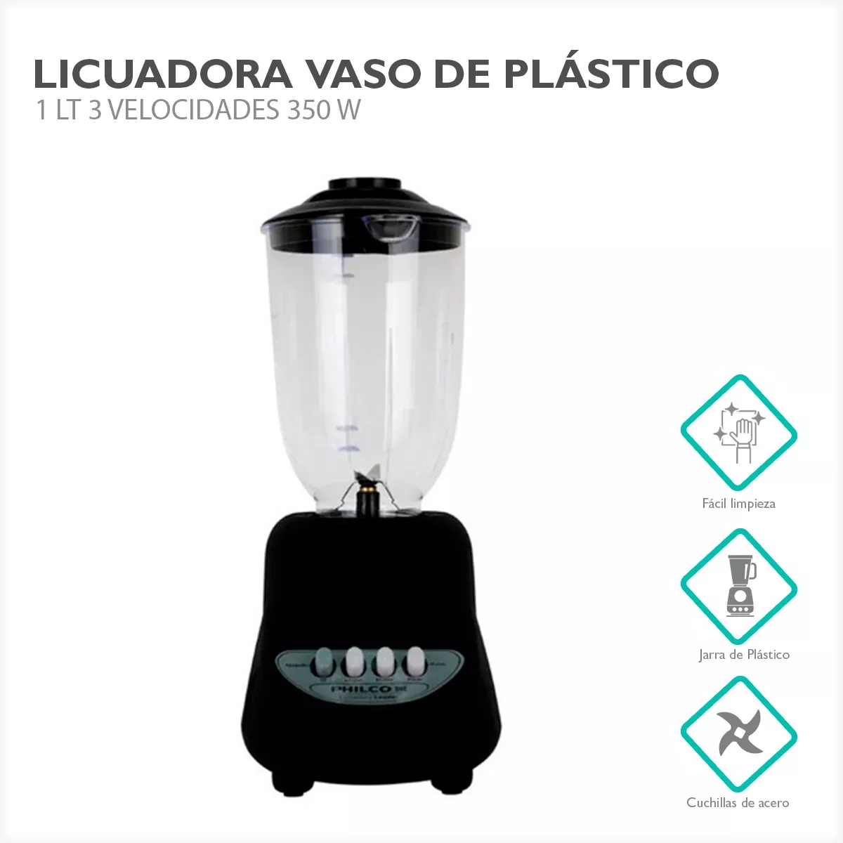 Licuadora De 3 Velocidades De Plastico 350w 3lt Philco Color Negro