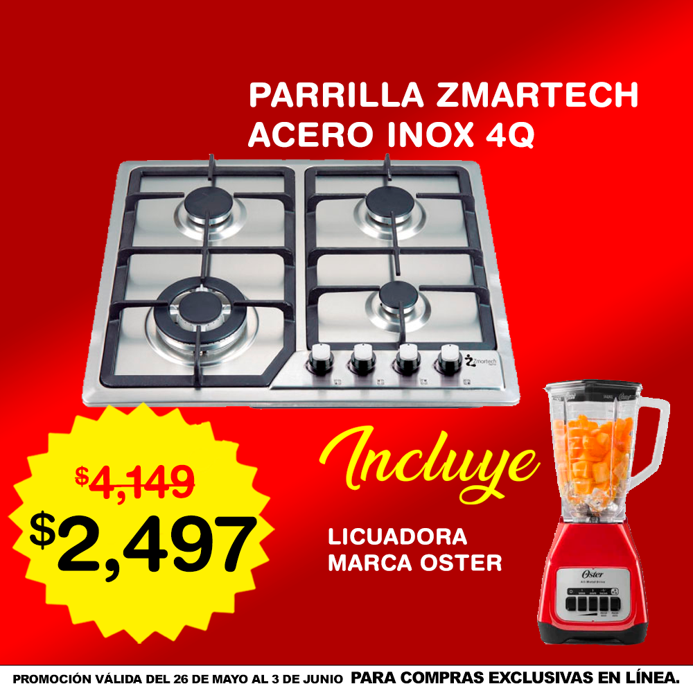 Combo Parrilla Empotrable Zmartech 4 Quemadores Acero Inoxidable + Licuadora Oster Tecla2Vel V/Plástico Negra