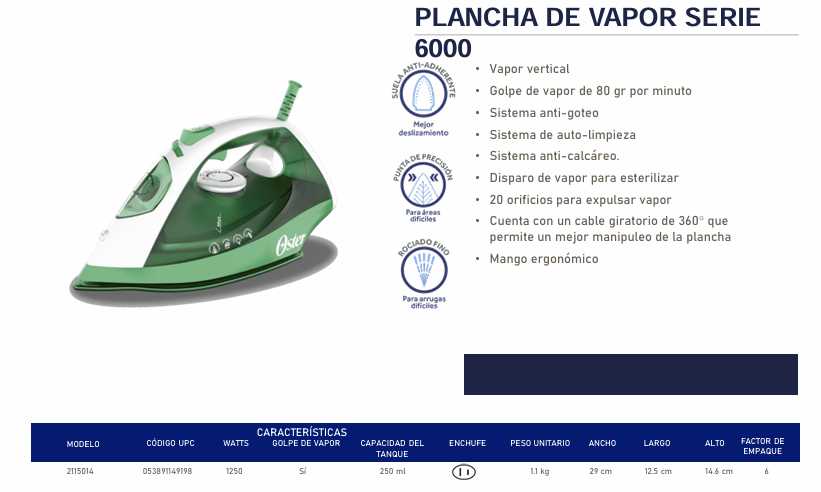 Plancha de Vapor Oster Serie 6000 verde