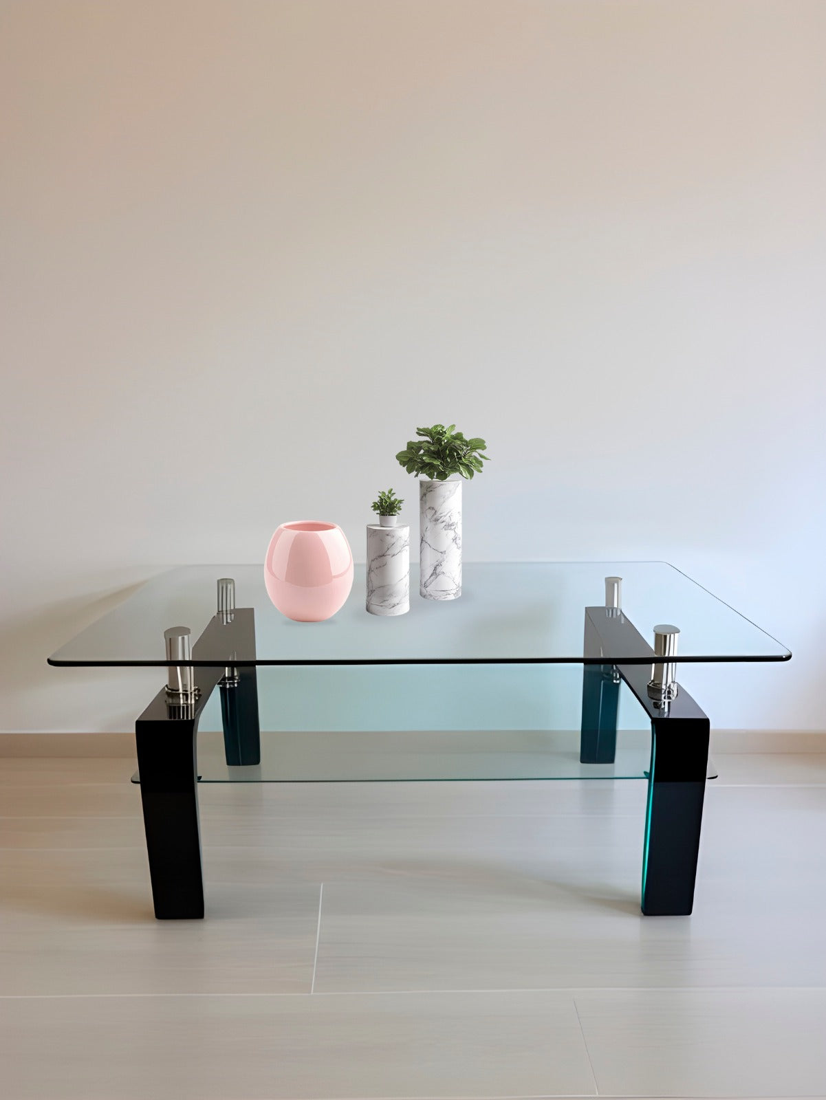 MESA VICA DE CENTRO CRISTAL TEMPLADO 6MM 2 NIVELES BASE METALICA CUADRADO