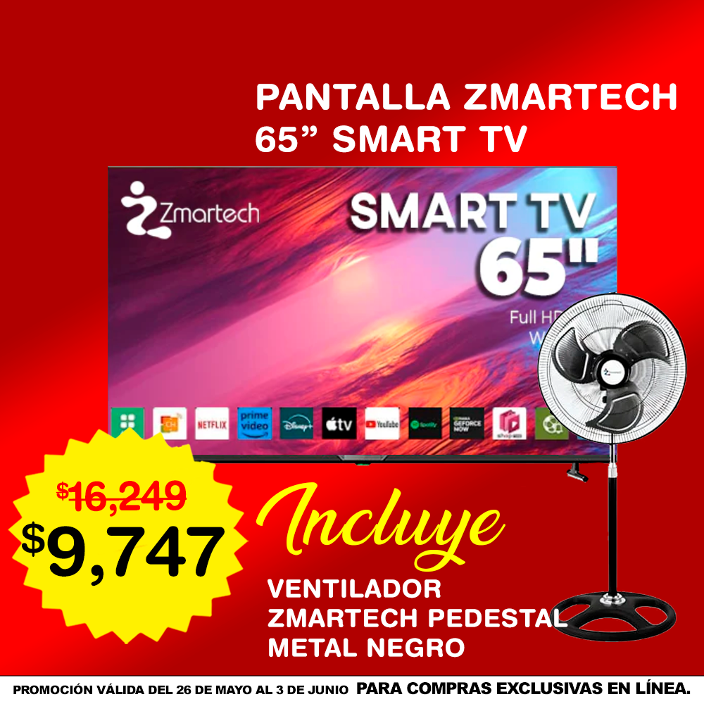 Combo Pantalla Zmartech 65" Smart TV + Ventilador Zmartech 18" Pedestal