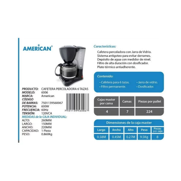 Cafetera American 6 Tazas Antigoteo 6006