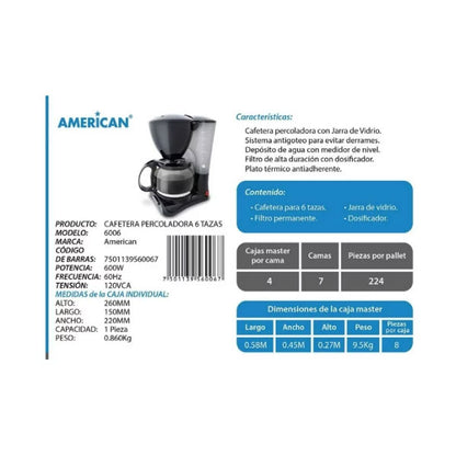 Cafetera American 6 Tazas Antigoteo 6006