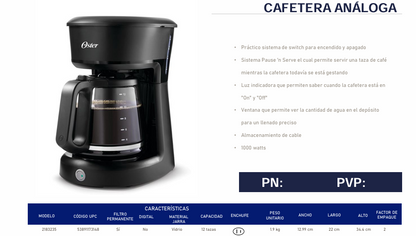 Cafetera Oster 12 tazas Negro