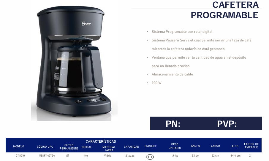 Cafetera programable Oster de goteo 12 Tazas Negro