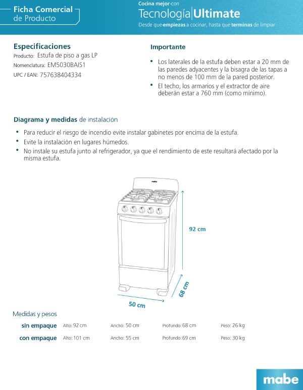 Estufa de piso Mabe 50cm 4Q plata mercury