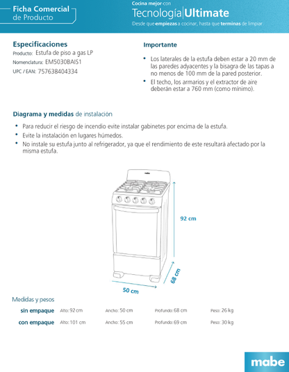 Estufa de piso Mabe 50cm 4Q plata mercury