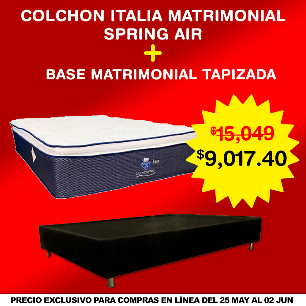COMBO COLCHON SPRING AIR ITALIA MATRIMONIAL + BASE DE CAMA MATRIMONIAL TAPIZADA