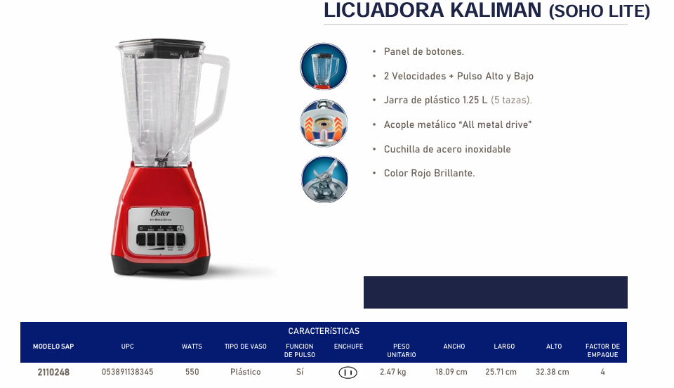 Licuadora Oster Kaliman (Soho Lite)  2Vel V/Plástico Roja