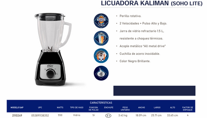 Licuadora Oster Kaliman (Soho Lite) V/Vidrio Negra