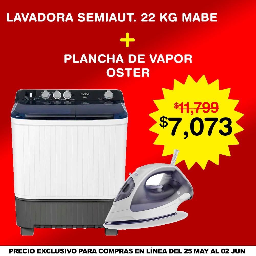 Combo LAVADORA MABE 22KG DOBLE TINA+ PLANCHA DE VAPOR COLOR LAVANDA