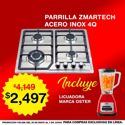 Combo Parrilla Empotrable Zmartech 4 Quemadores Acero Inoxidable + Licuadora Oster Tecla2Vel V/Plástico Negra