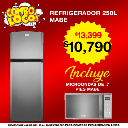 Combo Refrigerador Automático 10 Pies 250 L Inoxidable Mate + Horno de Microondas MABE 0.7"