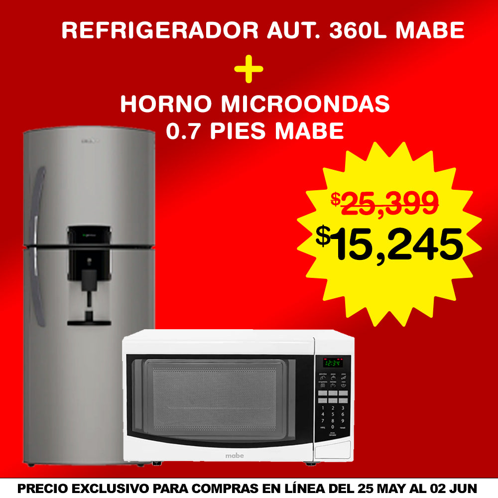Combo REFRIGERADOR MABE C/DISPENSADOR + HORNO DE MICROONDAS MABE