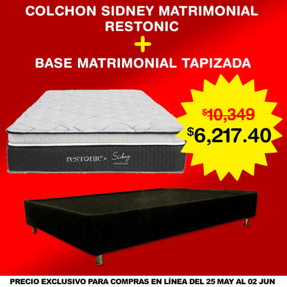 Combo COLCHON RESTONIC MATRIMONIAL SIDNEY + BASE DE CAMA MATRIMONIAL TAPIZADA