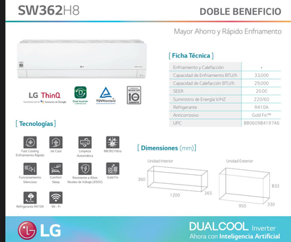 Aire Acondicionado Inverter Dual Cool 36K Btus/220V Frio y Calor