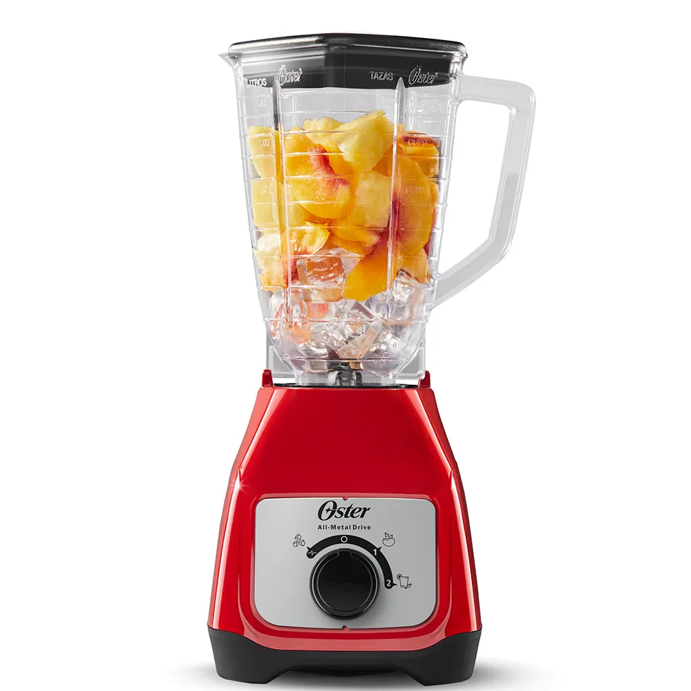 Licuadora Oster con vaso de plástico y control de perilla roja