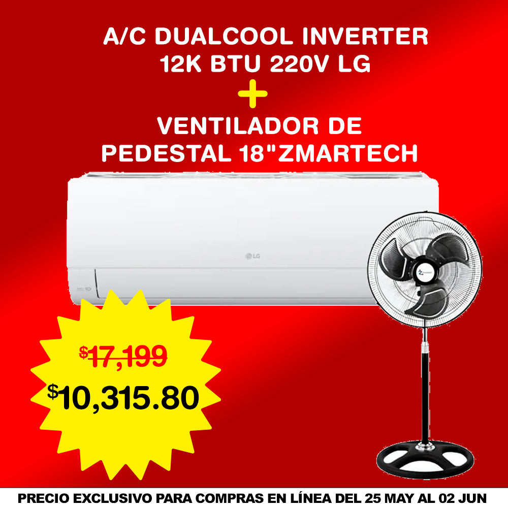 Combo AIRE ACONDICIONADO LG 12K BTU INVERTER + VENTILADOR ZMARTECH PEDESTAL