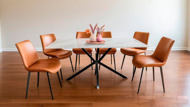 Comedor Vica 6 Sillas Color Miel, Cubierta 12MM Tipo Mármol Cerámico Estampado