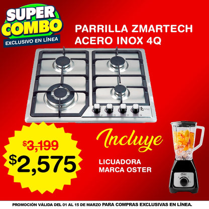 Combo Parrilla Empotrable Zmartech 4 Quemadores Acero Inoxidable + Licuadora Oster Perilla 2Vel V/Plástico Negra