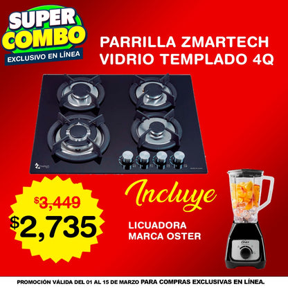 Combo Parrilla Empotrable Zmartech 4 Quemadores Cristal Templado + Licuadora Oster Perilla 2Vel V/Plástico