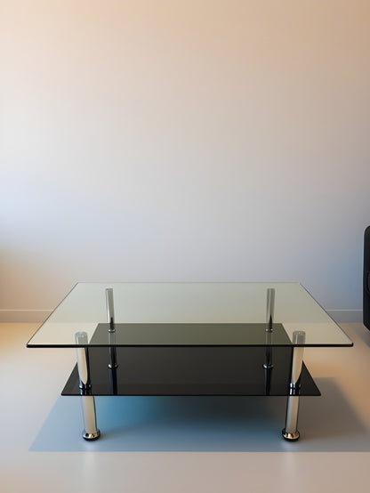 MESA VICA DE CENTRO CRISTAL TEMPLADO 6MM 2 NIVELES BASE TUBULAR