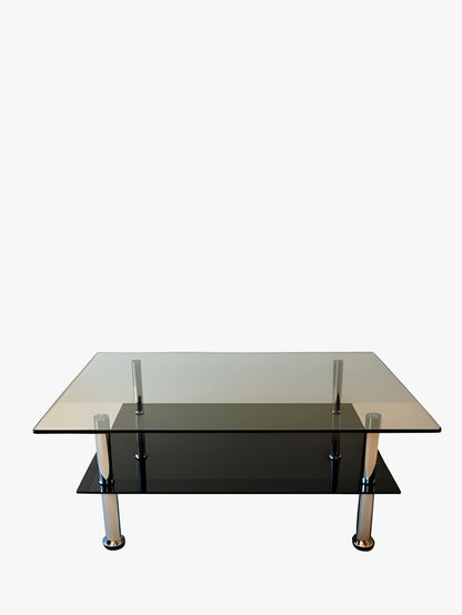 MESA VICA DE CENTRO CRISTAL TEMPLADO 6MM 2 NIVELES BASE TUBULAR