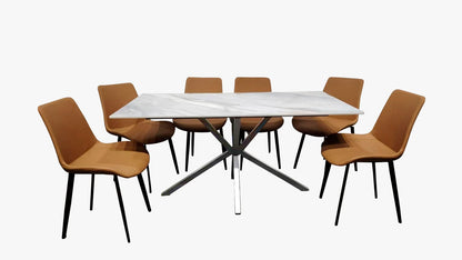 COMEDOR VICA 6 SILLAS COLOR MIEL, CUBIERTA 12MM TIPO MARMOL CERAMICO ESTAMPADO