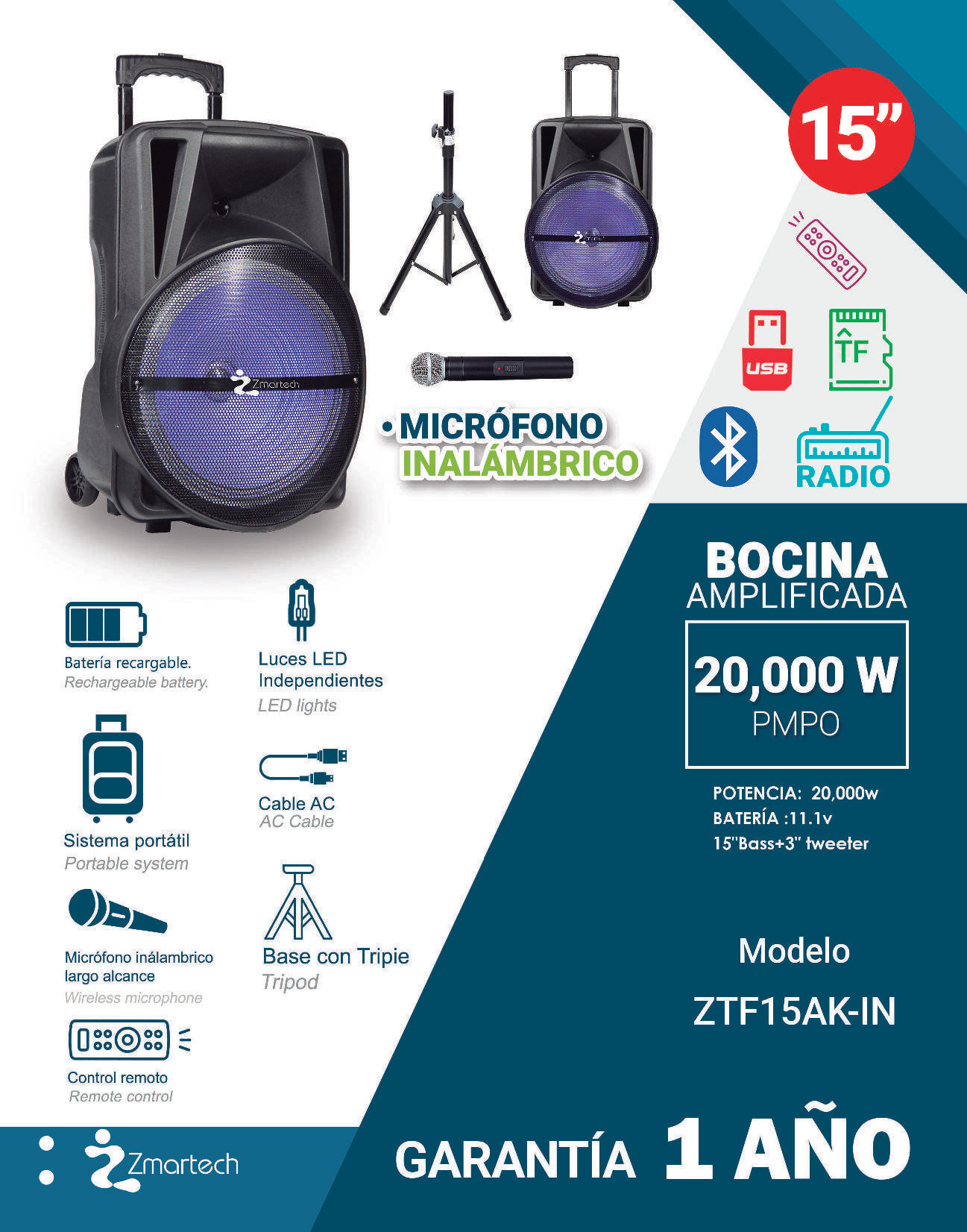 Bocina Zmartech Bluetooth 15" Negro