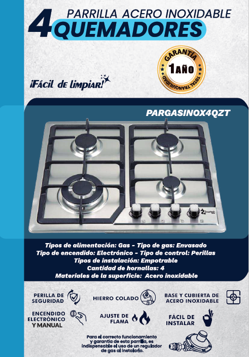 Parrilla Empotrable Zmartech 4 Quemadores Acero Inoxidable