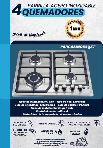 Parrilla Empotrable Zmartech 4 Quemadores Acero Inoxidable